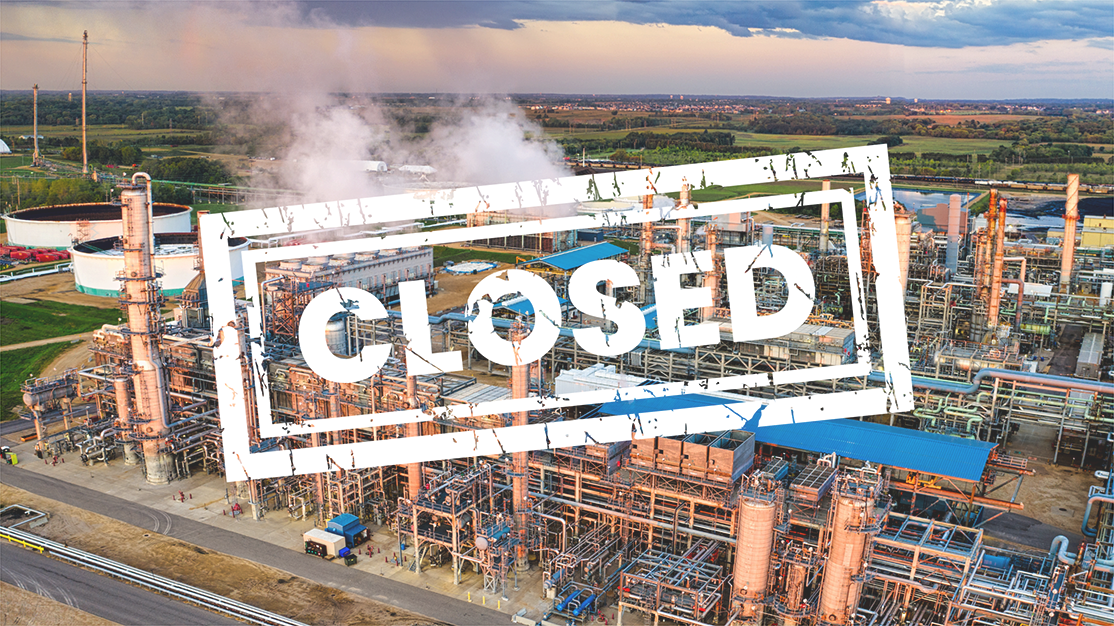 Industrial plant from above with a large 'CLOSED' stamp across the image, indicating the facility is shut down.